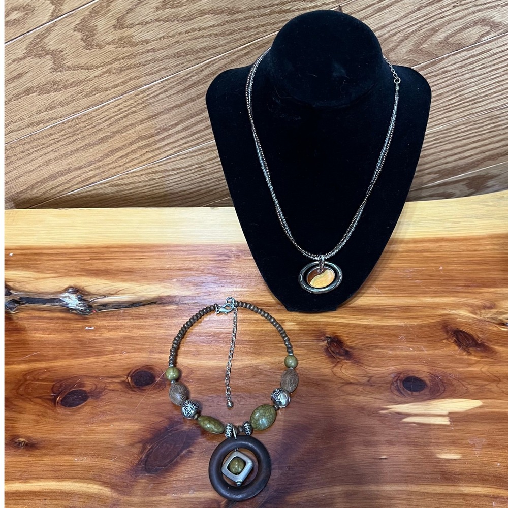 Boho Statement Necklace Set Wood Stone Beads & Multi Strand Amber‎ Pendant